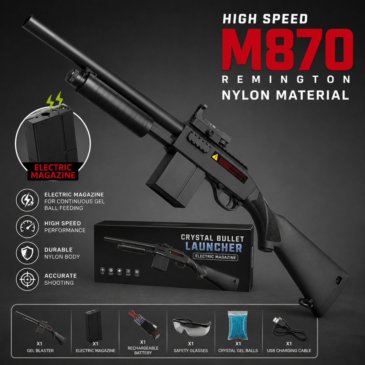 M870 Style Electric Gel Blaster Toy Gun | High-Speed Nylon